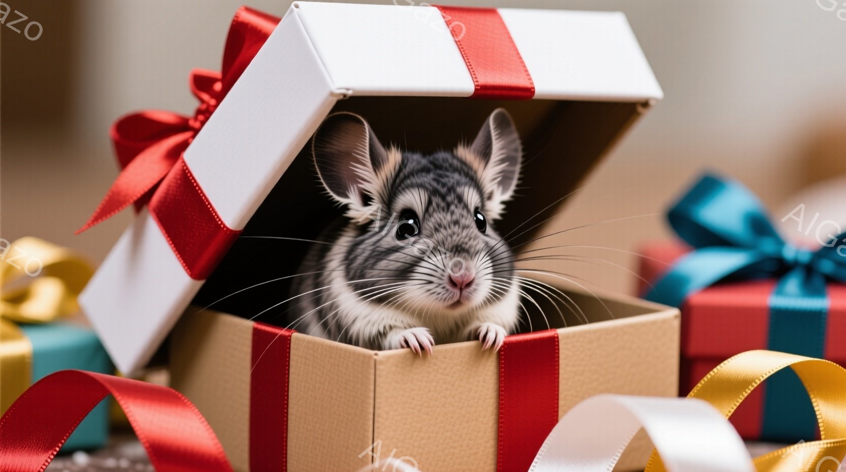 白い縁取りのある茶色のギフトボックスの中に、可愛らしいハムスターがちょこんと座っています。ハムスターは白い足とピンクの鼻を持ち、好奇心旺盛な表情でカメラを見ています。背景には、赤、青、金色のリボンで飾 - AI生成フリー素材