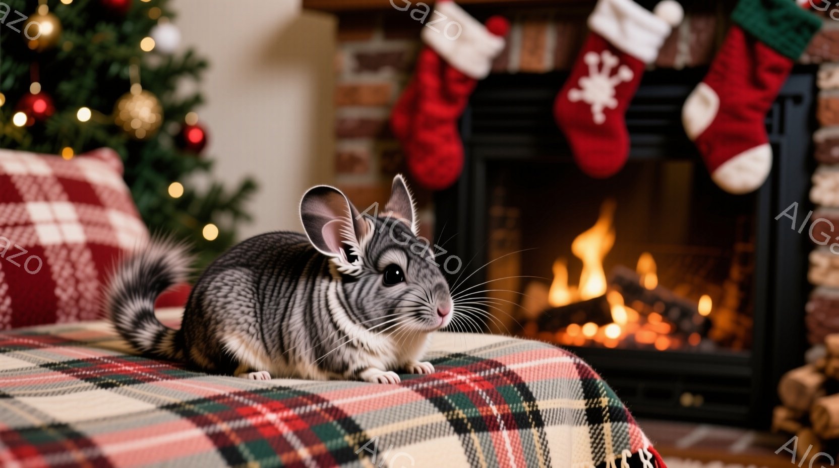 灰色のチinchinが、赤と緑の格子模様の布の上に座って正面を見つめています。背景には、暖炉の火が燃え、クリスマスのストッキングが飾られた壁があります。全体的に温かく、クリスマスの雰囲気が漂う、居心地 - AI生成フリー素材