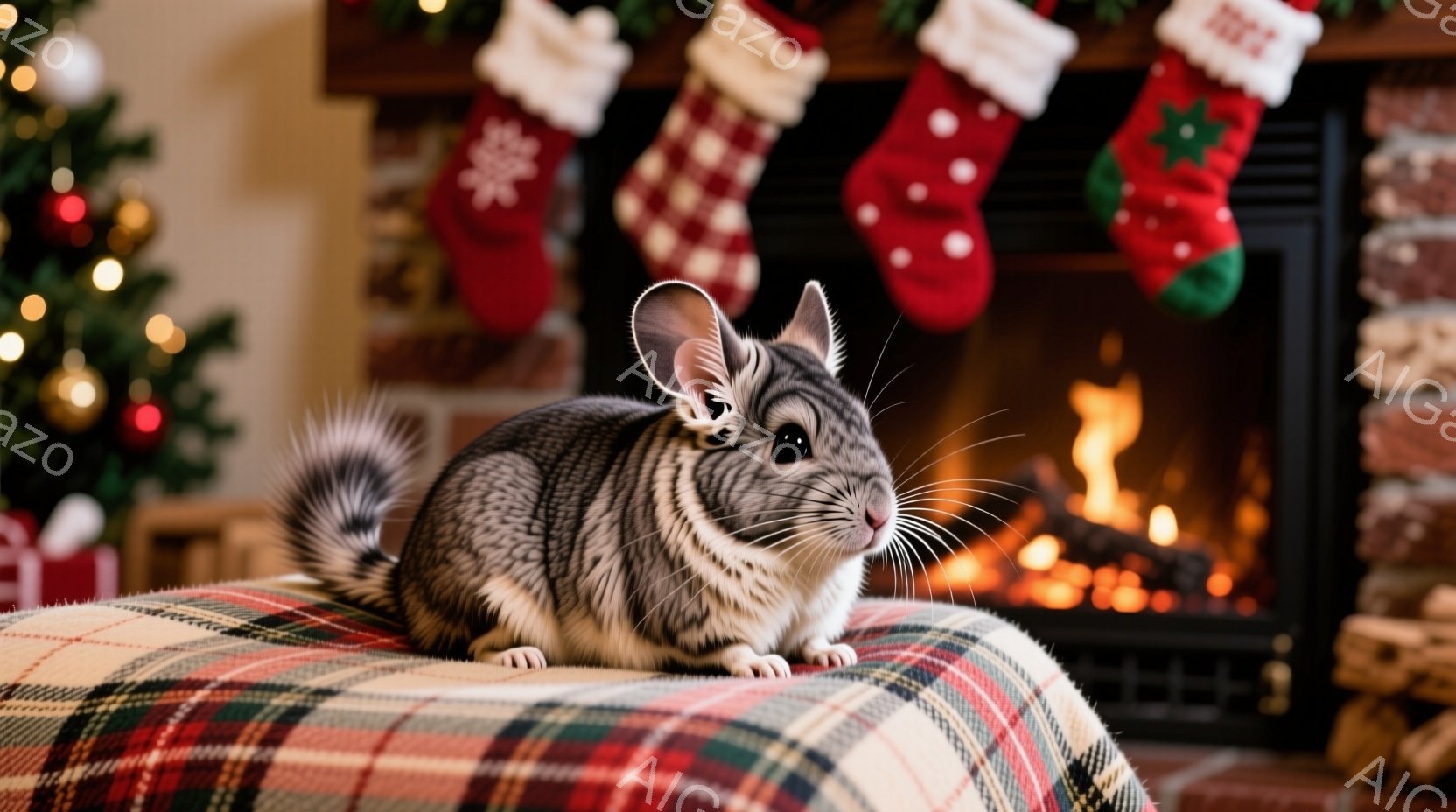 灰色のチinchinが、赤と緑の格子柄の毛布の上に座ってこちらを見ています。背景にはクリスマスツリーが飾られ、暖炉の炎が暖かく照らしています。全体的に、クリスマスの温かく居心地の良い雰囲気が漂っていま - AI生成フリー素材