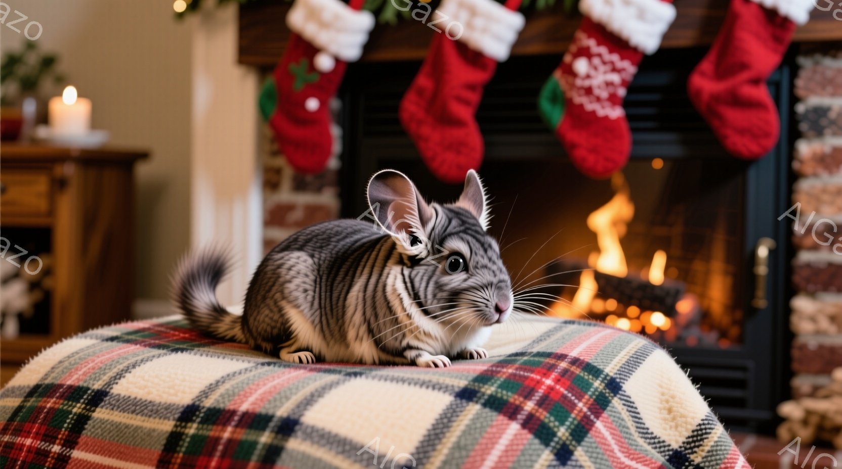 灰色のチinchinがチェック柄のクッションの上に座っており、まっすぐに正面を見ています。背景には暖炉があり、オレンジ色の炎が燃え盛っており、クリスマスの靴下が暖炉の上のマントルピースに飾られています - AI生成フリー素材