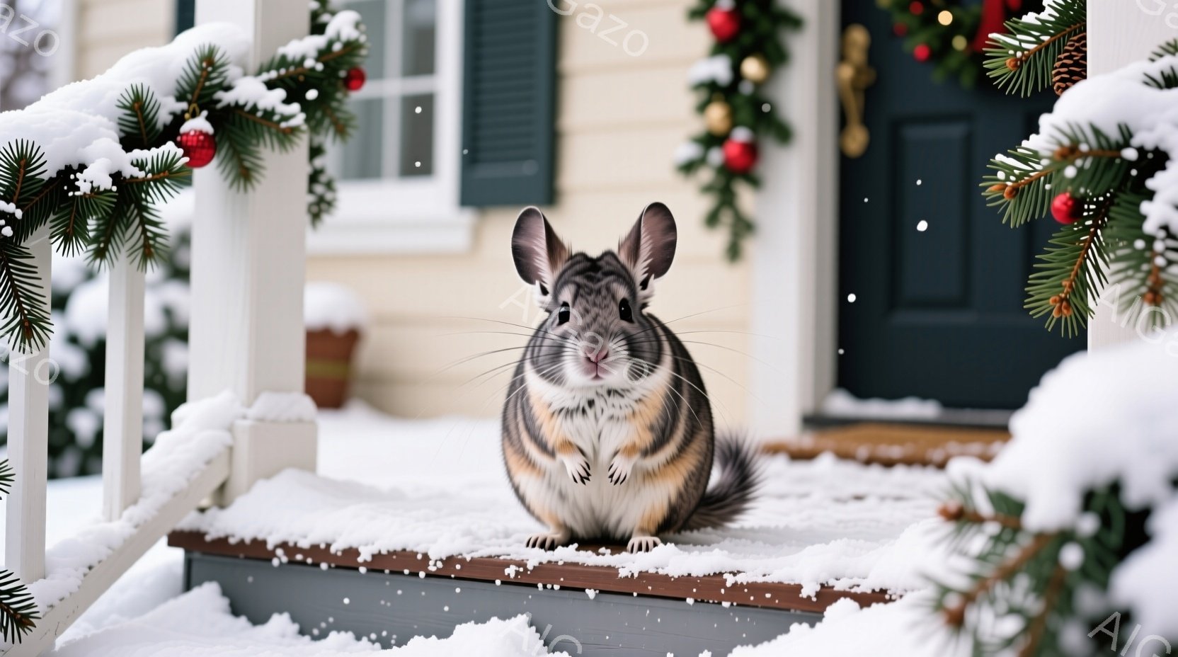 白い雪に覆われた家の階段に、茶色と白の縞模様の可愛らしいチンチラが座っています。その表情は穏やかで、カメラに向かって少し顔を傾けています。背景にはクリスマスの飾り付けが施された玄関ドアがあり、雪が舞う冬の穏やかな雰囲気を醸し出しています。