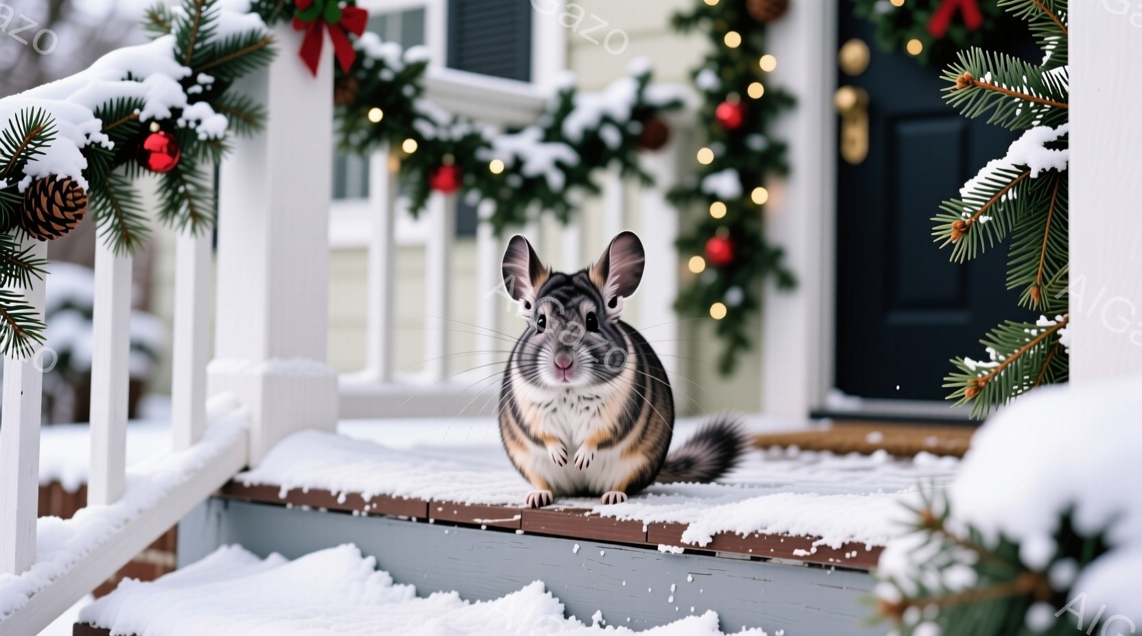 白い雪で覆われた家の階段に、可愛らしい茶色の縞模様のモルモットが座っています。モルモットは前足を伸ばして座り、好奇心に満ちた表情でカメラを見ています。背景にはクリスマスリースが飾られ、冬の穏やかな雰囲 - AI生成フリー素材