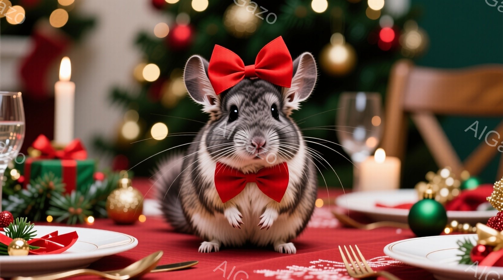 モルモットが赤い蝶ネクタイと赤いリボンをつけて、テーブルの正面に座っています。背景にはクリスマスツリーやプレゼント、キャンドルが飾られ、テーブルにはクリスマスの飾りや食器が並んでいます。全体的に華やか - AI生成フリー素材