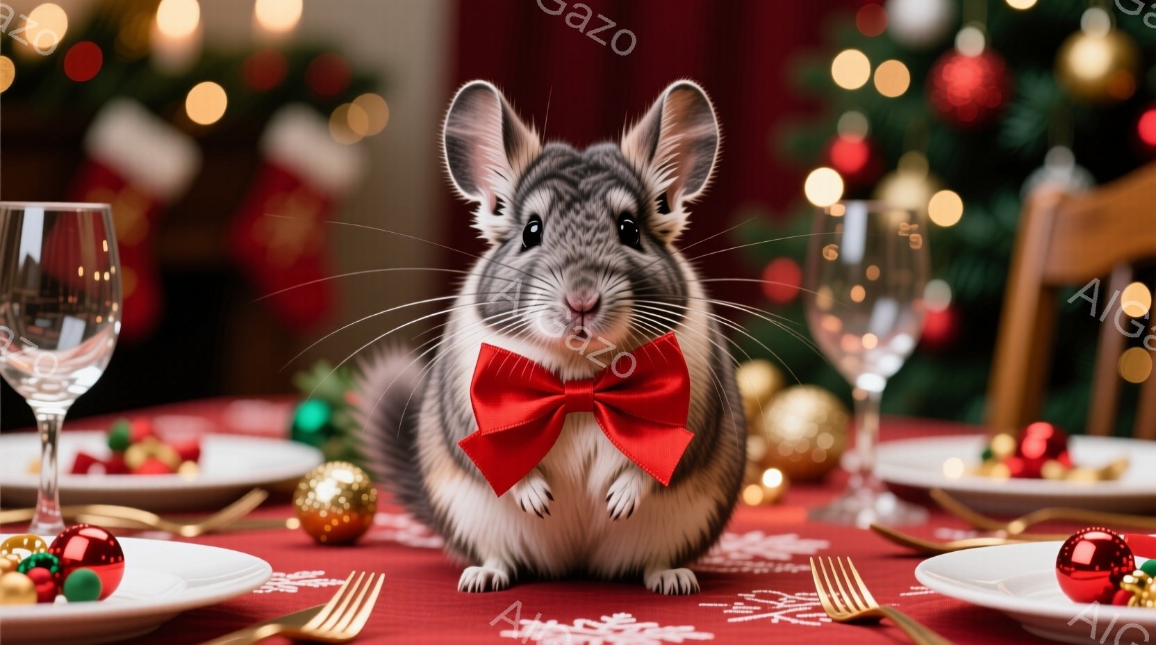 ハムスターが赤い蝶ネクタイを着用し、テーブルの真ん中に座ってこちらを見ています。背景にはクリスマスツリーのぼやけた光と、クリスマスの装飾が施されたダイニングテーブルがあります。全体的に、暖かく、お祝いの雰囲気で、クリスマスディナーをテーマにした写真です。