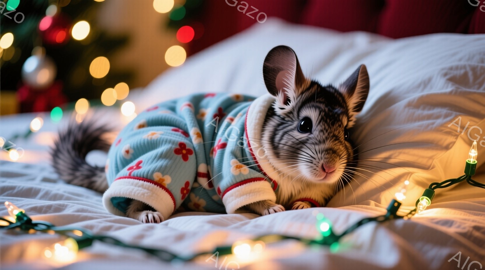 小さなデグーが水色のセーターを着て、白いベッドの上に横たわっています。セーターには可愛らしい花柄が施されており、デグーは少し眠たげな表情を浮かべています。背景にはぼやけたクリスマスツリーと、温かい光を - AI生成フリー素材