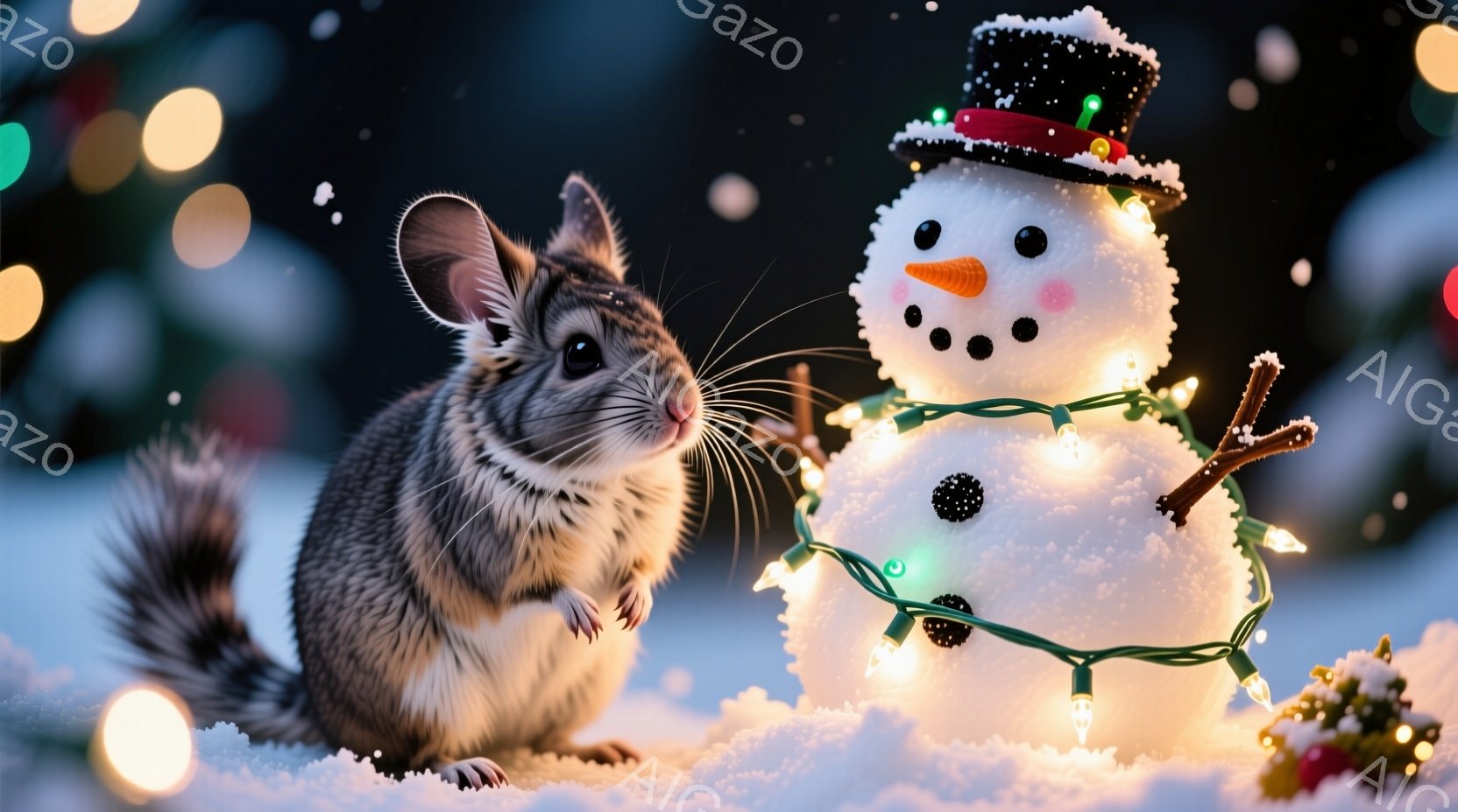 白い雪の上に、小さなリスが白い雪だるまの横に座っています。雪だるまは黒い帽子をかぶり、オレンジ色の鼻と炭で作られた目と口を持っています。背景にはぼやけた光が散りばめられ、暖かい冬の雰囲気を醸し出してい - AI生成フリー素材