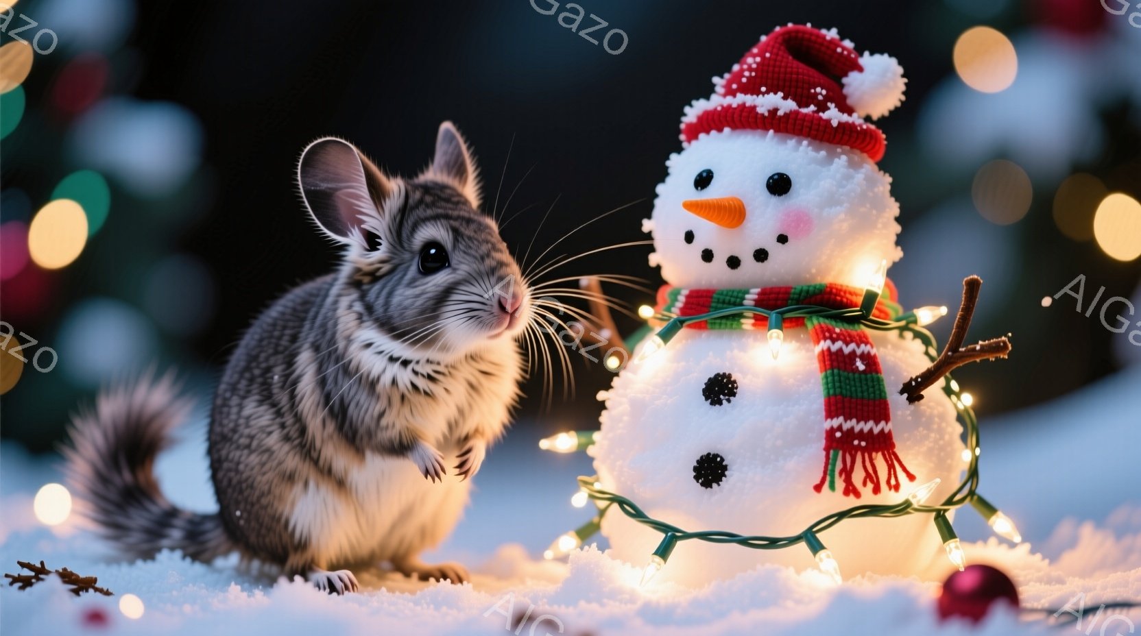 白い雪の上に、小さなハツカネズミが立っており、好奇心旺盛な表情で正面を見つめています。雪だるまはカラフルなマフラーと帽子をかぶり、キラキラ光る電飾で飾られ、暖かいクリスマスの雰囲気を醸し出しています。 - AI生成フリー素材