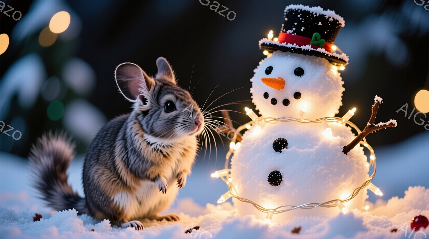 雪の上に、小さなハツカネズミが座ってこちらを見ています。その隣には、小さな雪だるまが飾られており、カラフルな電飾で周りを明るく照らしています。背景にはぼやけた緑色の植物と、ぼんやりとした光の玉が見え、冬の暖かく幻想的な雰囲気を醸し出しています。