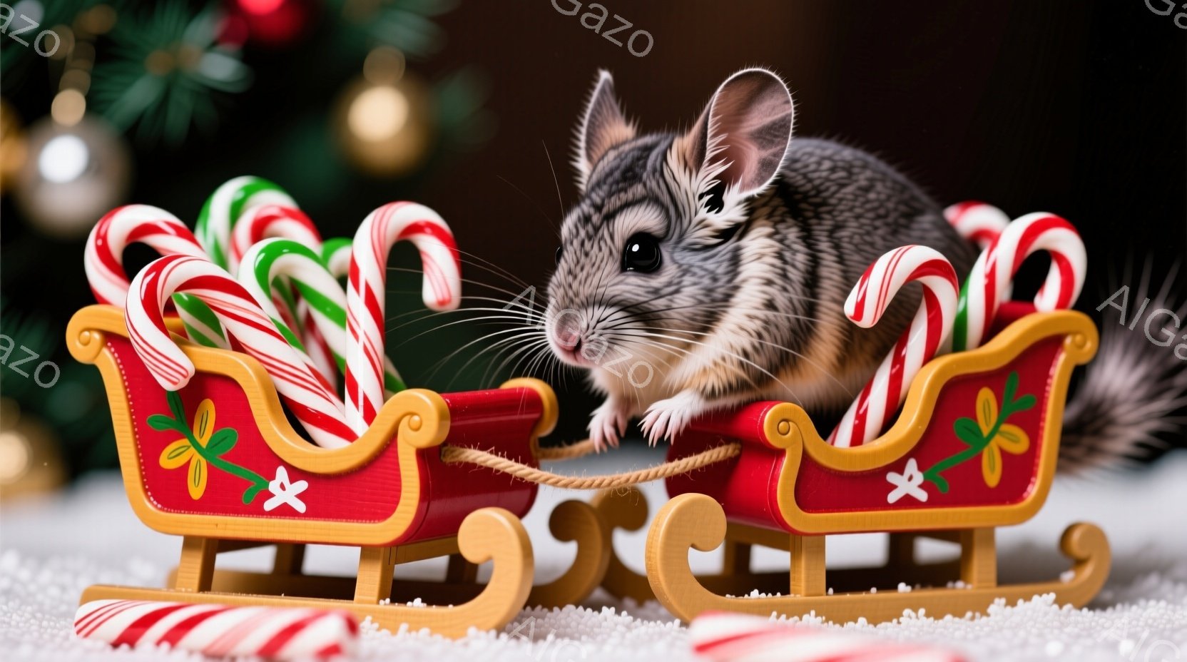 小さなハリネズミが、赤いそりに乗ってこちらを見ています。そりはキャンディケーンで飾られ、雪の上に置かれています。背景にはクリスマスツリーの緑がぼやけて見え、全体的に暖かく、お祝いの雰囲気です。 - AI生成フリー素材