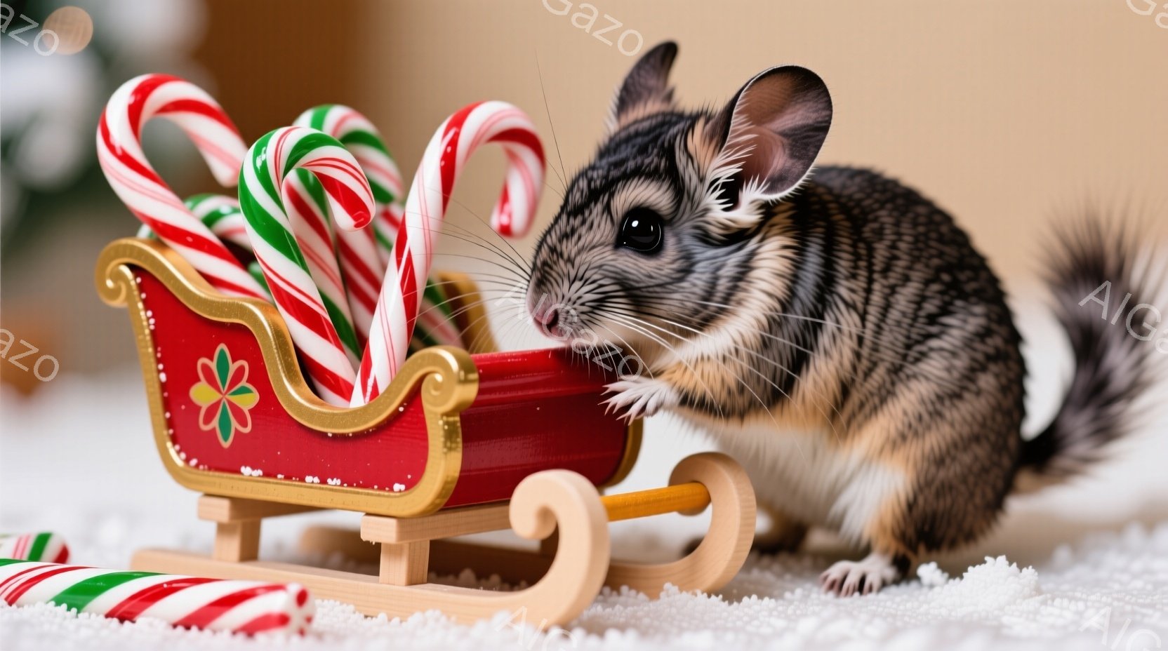 小さな毛皮の動物、おそらくチンチラが、赤いそりに乗っています。そりには赤と白のキャンディケーンがいくつか入っており、動物はそりの縁に前足をかけて、何かを覗き込んでいるような姿勢をとっています。背景には白い雪のようなものが散らばっており、お祝いの雰囲気を示唆しています。