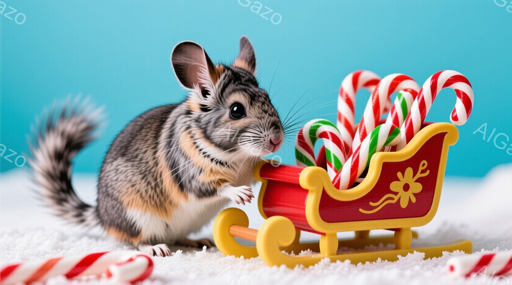 ふわふわとした毛並みを持つ茶色と白の小さなリスが、赤いそりに盛られたキャンディケーンの前に座っています。リスは前足をそりに添え、興味深そうにキャンディケーンを見つめています。背景は白い雪のような質感で、明るく楽しい雰囲気を醸し出しています。
