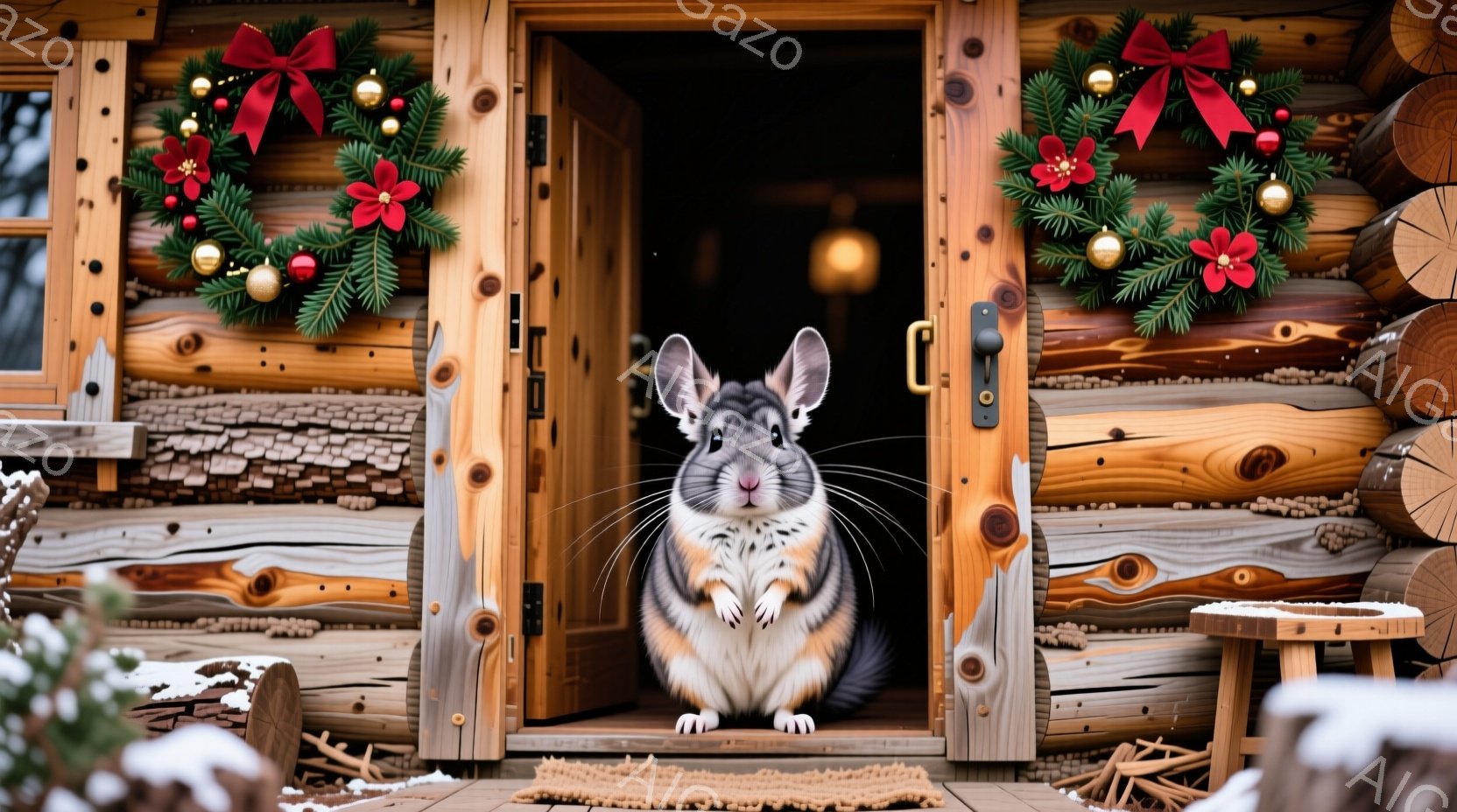小さなモルモットが、クリスマス飾りのある丸太小屋の玄関に座っています。モルモットは正面を見つめ、両手を胸の前で組み、可愛らしい表情をしています。背景には雪が積もり、冬の暖かく居心地の良い雰囲気が漂って - AI生成フリー素材