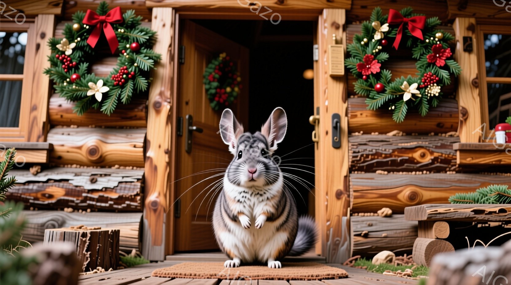 温かい木の家が背景にあり、可愛らしい模様のハムスターが正面に座っています。ハムスターは少し驚いたような表情で、大きく丸い耳を立てています。家の入り口にはクリスマスリースが飾られ、背景の緑と木製の壁が、 - AI生成フリー素材