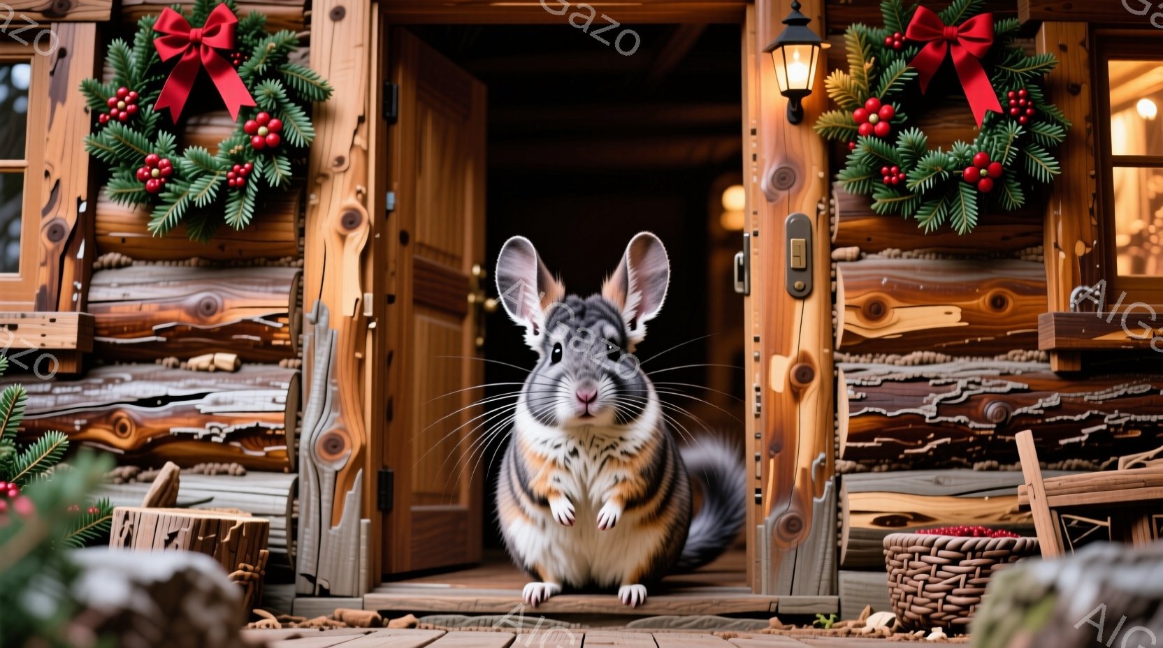 暖炉の前に座っている可愛らしい茶色のリスが写っています。背景には木製の小屋があり、クリスマスの飾り付けが施され、暖かい雰囲気が漂っています。リスは前足を揃えて座り、カメラに向かって穏やかな表情でこちら - AI生成フリー素材