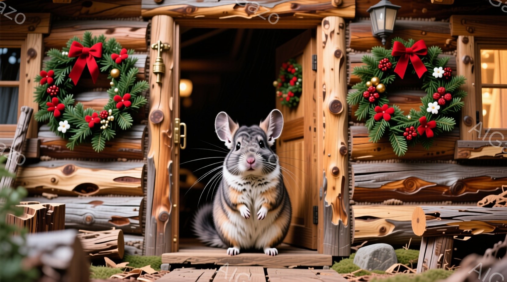 小さなハムスターが、クリスマスの飾り付けがされた丸太小屋の入り口に座っています。ハムスターは茶色と白の毛並みで、前足を揃えてまっすぐに座り、カメラの方を見ています。背景には、緑のリースと赤い実が飾られ - AI生成フリー素材