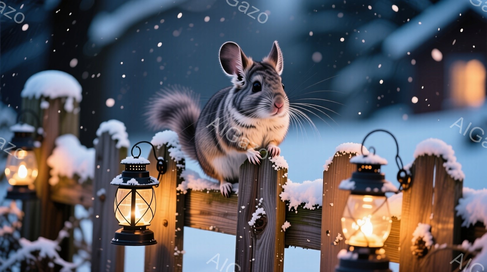 白い雪が降り積もる中、フェンスの上に縞模様のリスが座っています。リスは前足を組み、好奇心と警戒心を込めた表情でカメラを見つめており、そのふわふわの尻尾が特徴的です。背景にはぼんやりとした建物が見え、雪 - AI生成フリー素材