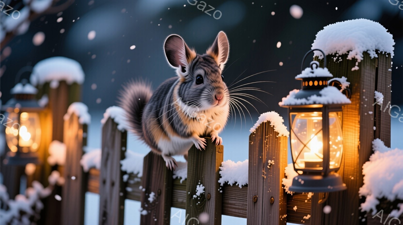 雪がちらつく夜、柵の上にとまっているリスが写っています。リスはふわふわとした毛並みで、好奇心に満ちた表情でこちらを見ています。背景には雪が積もった柵と、暖かく光るランタンが並び、冬の穏やかな夜の雰囲気 - AI生成フリー素材