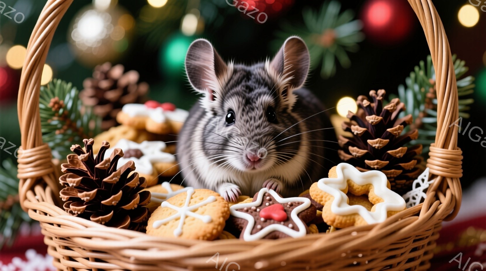 籠の中に可愛らしい灰色がかった茶色のネズミが座っており、クリスマスのクッキーと松ぼっくりに囲まれています。ネズミは前足を組み、好奇心とわずかな警戒心を込めた表情でカメラを見つめています。背景にはぼやけたクリスマスツリーの緑と装飾が確認でき、暖かく、お祝いムードの漂う冬の光景です。