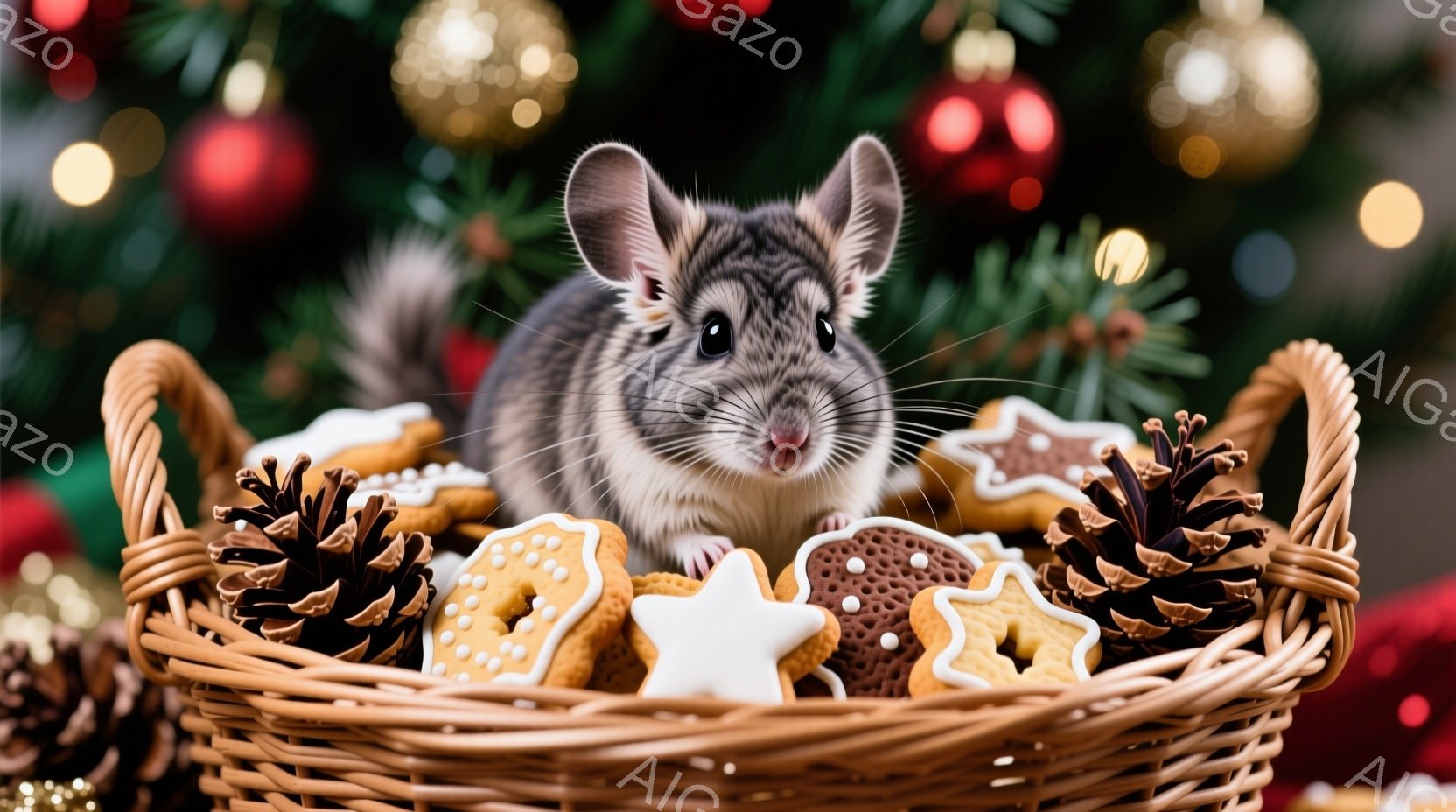 籠の中に、可愛らしいハリネズミがクリスマスクッキーと松ぼっくりに囲まれて座っています。ハリネズミは小さな黒い鼻と輝く瞳を持ち、好奇心旺盛そうに正面を見つめています。背景にはぼやけたクリスマスツリーの飾りがあり、暖かくお祝いムードに包まれています。