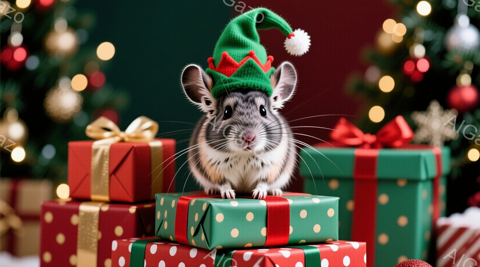 小さなハムスターが、クリスマス柄のプレゼントの山の上に座っており、頭には赤い帽子を被っています。ハムスターは正面を見据え、少し好奇心と楽しそうな表情を浮かべています。背景には緑色のクリスマスツリーがぼ - AI生成フリー素材