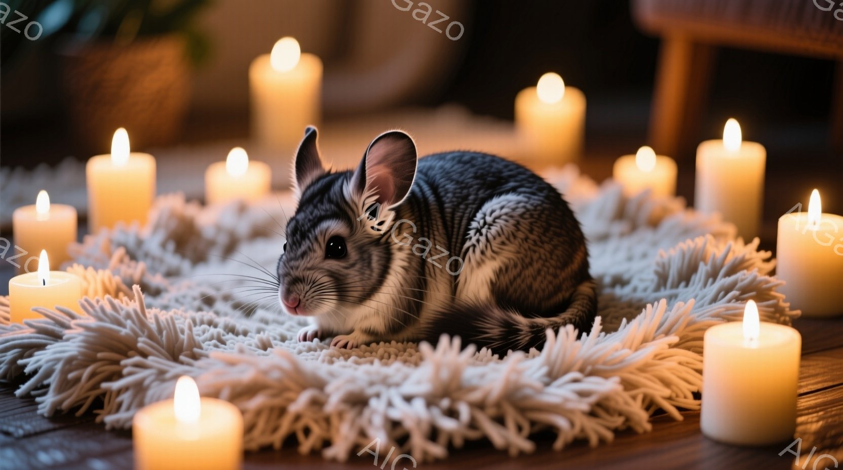 ふわふわとした白いラグの上に、一匹のモルモットが丸まって座っています。周囲にはたくさんの白いキャンドルが灯っており、暖かく幻想的な雰囲気を醸し出しています。木製の床が背景に見え、室内でリラックスした様 - AI生成フリー素材
