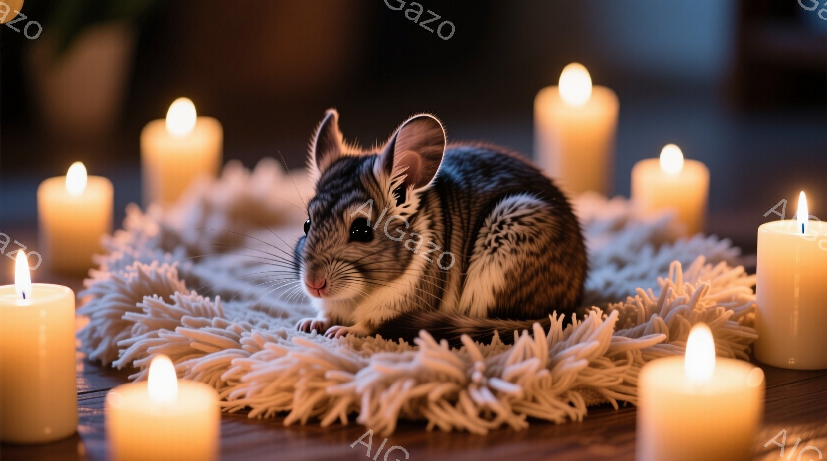 白いふわふわした円形の敷物の上に、小さくて愛らしいデグーが座っています。デグーは灰色の毛並みで、つぶらな瞳でこちらを見ており、リラックスした表情をしています。周囲にはたくさんのキャンドルが灯されており、暖かく幻想的な雰囲気を醸し出しています。