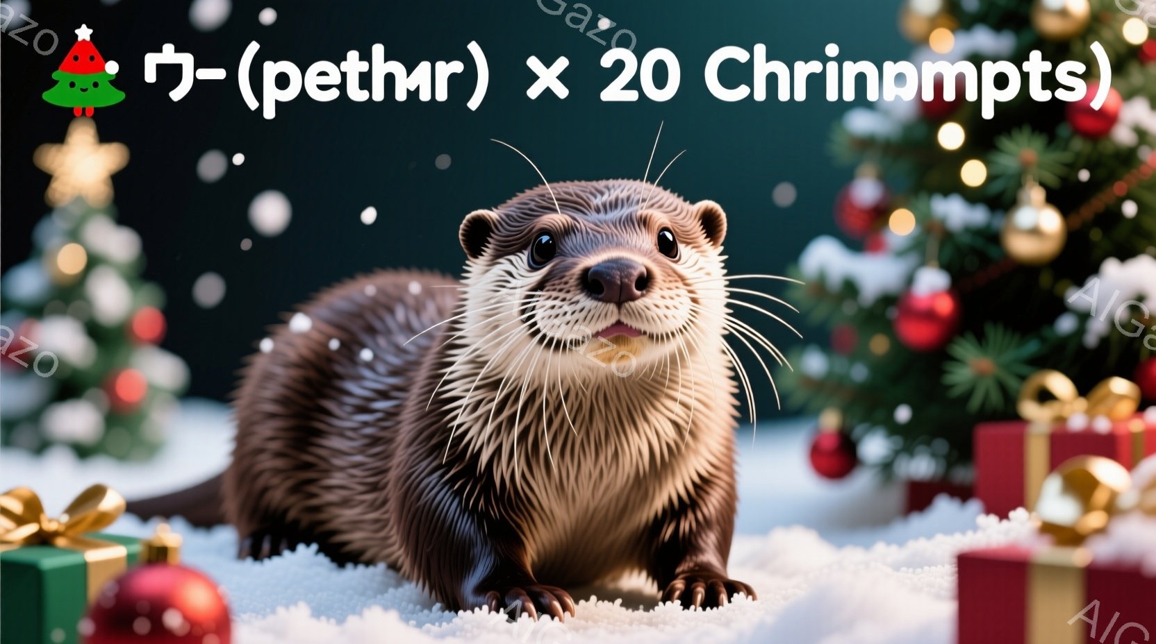 背景のクリスマスツリーは明るく輝き、雪景色とのコントラストが美しいです。カワウソはクリスマスツリーを背景に、一層可愛らしく見えます。この画像は、クリスマスの魔法のような雰囲気を表現しています。 - AI生成フリー素材