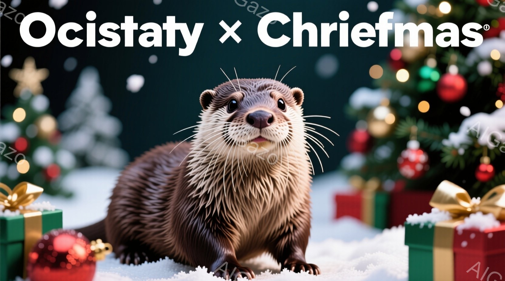 カワウソが雪の上に座っており、クリスマスのプレゼントが背景に並んでいます。カワウソはリラックスした表情で、カメラに向かって少し微笑んでいるように見えます。背景には緑色の包装紙で包まれたプレゼントボック - AI生成フリー素材