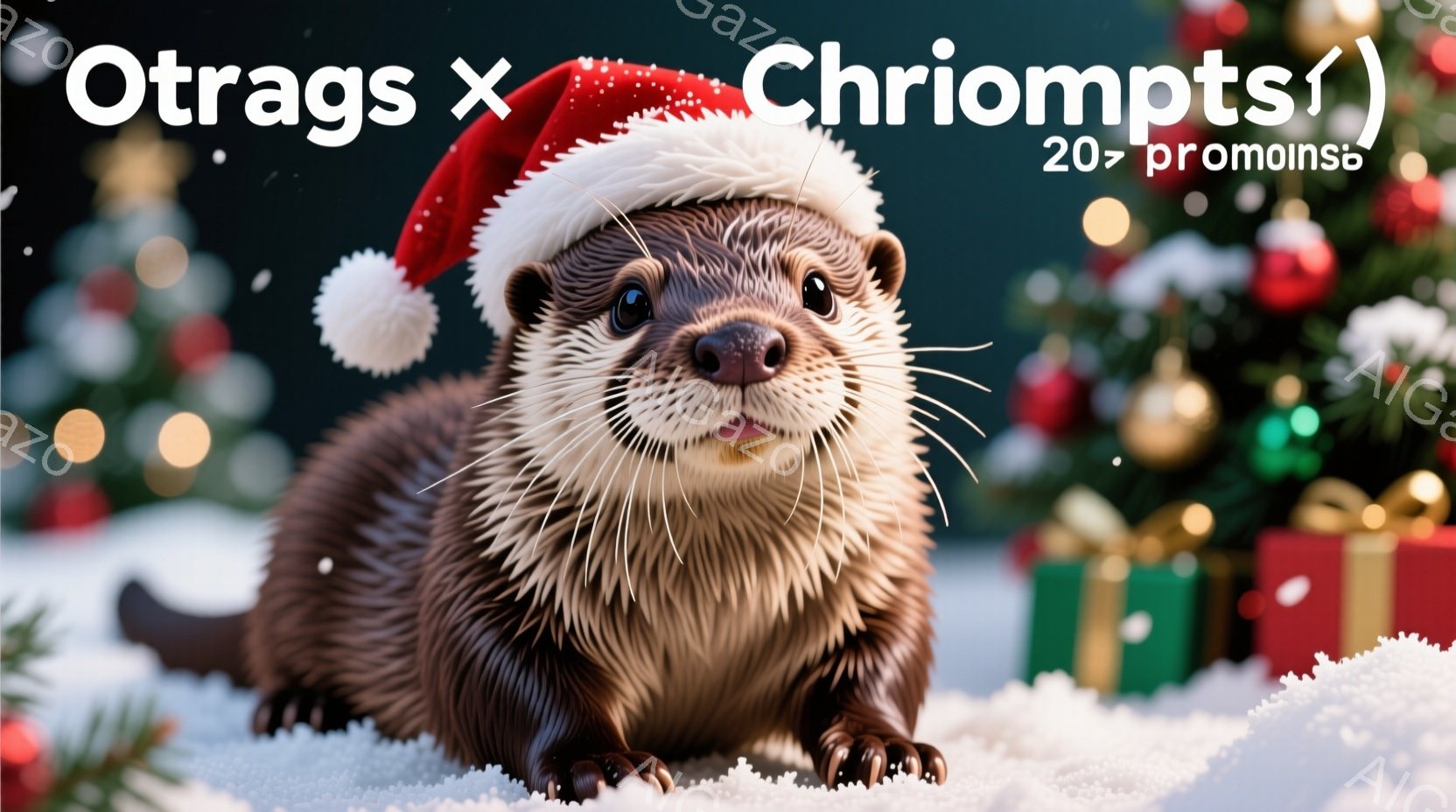毛皮で覆われたカワウソが雪の上に座り、赤いサンタ帽を被っています。その表情は穏やかで、少し微笑んでいるように見えます。背景にはぼやけたクリスマスツリーとプレゼントの箱があり、雪が舞い散る冬の雰囲気を醸 - AI生成フリー素材