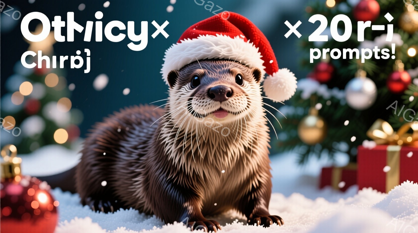 カワウソがクリスマスツリーの前で赤いサンタ帽をかぶって正面を見つめています。雪が降り積もった背景には、プレゼントボックスやキラキラ光るオーナメントが散りばめられ、温かくお祝いムードが漂っています。カワ - AI生成フリー素材