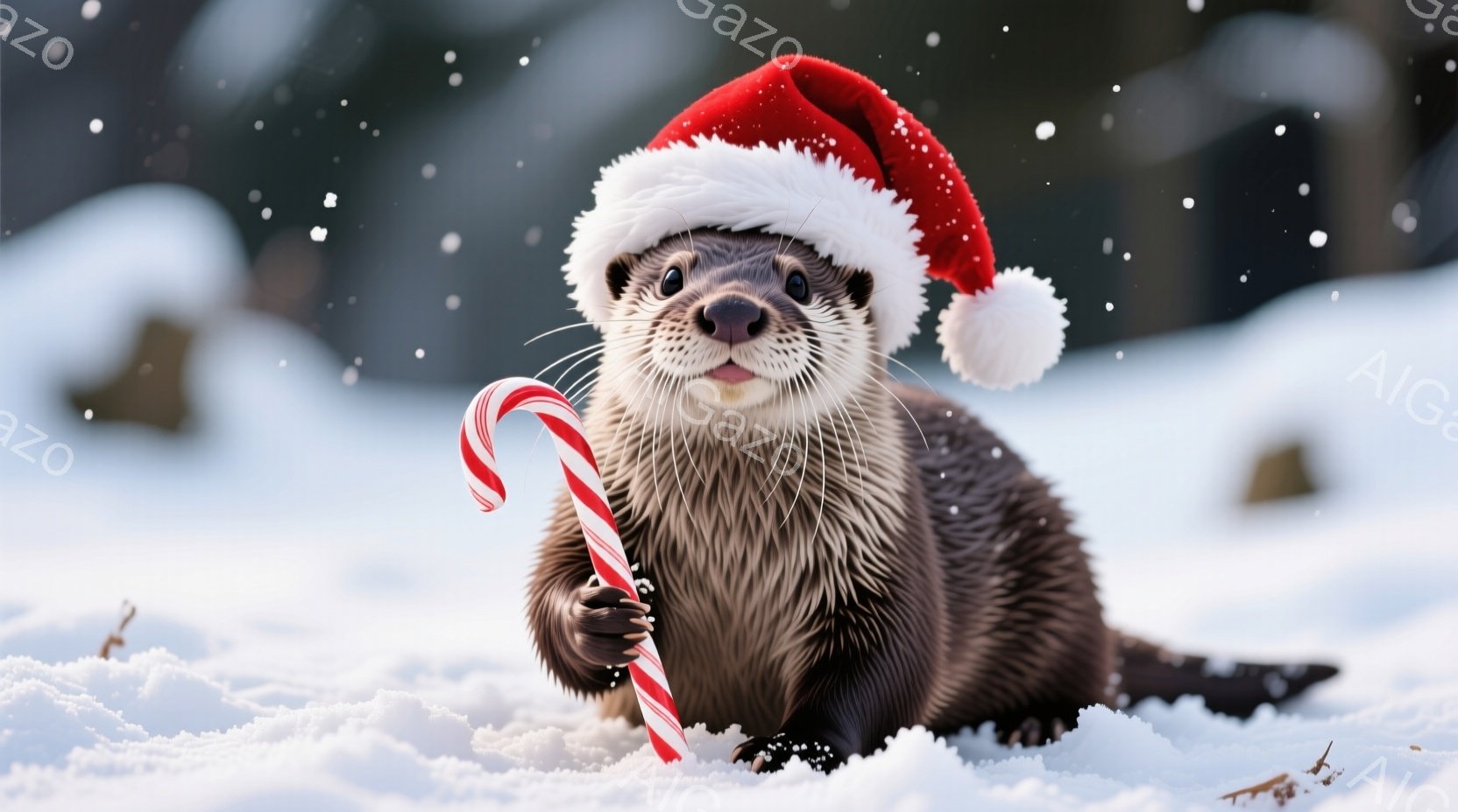 雪の上に座っているカワウソが、赤いサンタ帽をかぶって、ピンクと白のキャンディケーンを持っています。カワウソは前足を組み、少し微笑んでいるような表情で、カメラの方を見ています。背景は雪景色で、ぼやけた木 - AI生成フリー素材
