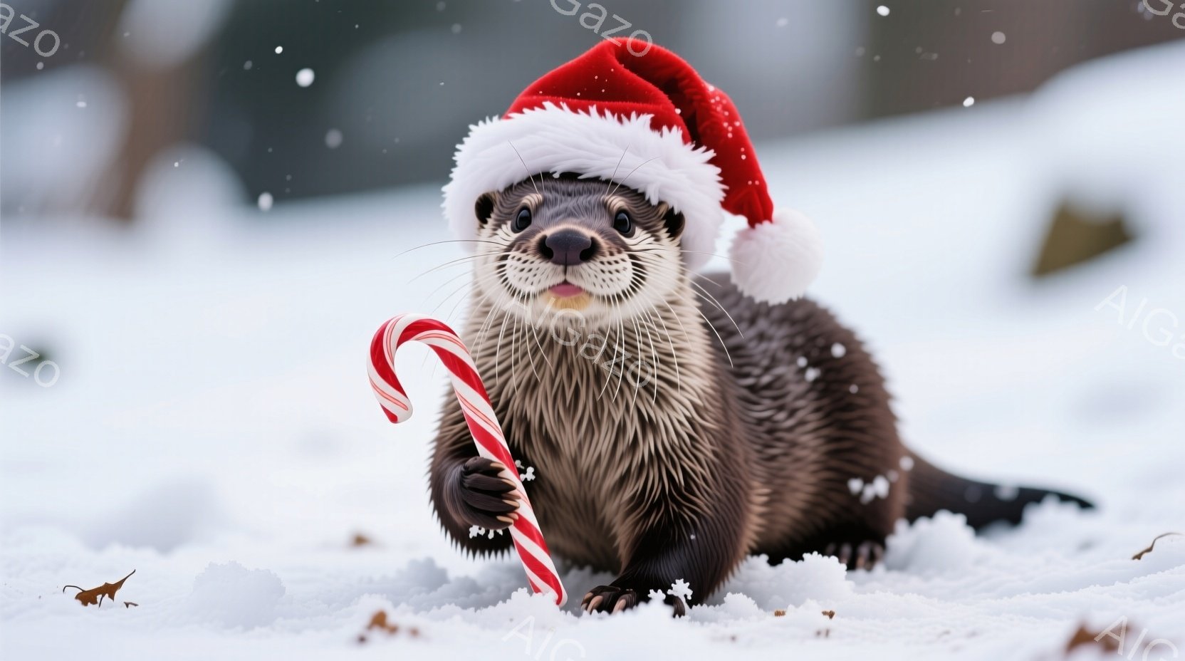 カワウソが真っ赤なサンタの帽子をかぶり、縞模様のキャンディケーンを前足で持っている。雪の上に横たわり、少し微笑んでいるように見える、愛らしい表情をしている。背景は雪景色で、自然の暖かさと冬の静けさを感 - AI生成フリー素材