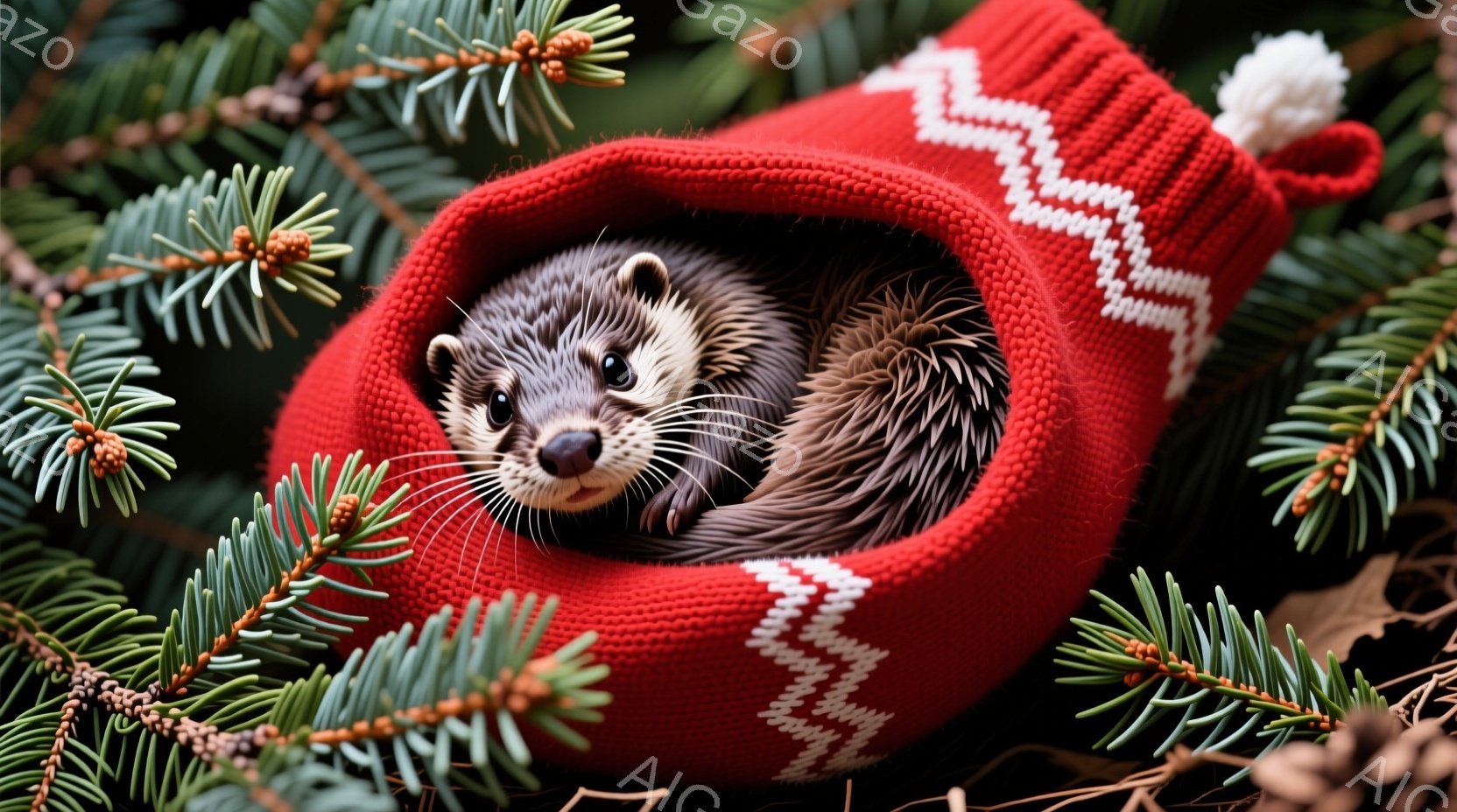 赤いニット帽の中に、かわいらしいイタチが丸まって入っています。イタチは少し顔を出しており、好奇心と少し眠そうな表情でこちらを見ています。背景には緑の針葉樹の葉が散りばめられており、冬の暖かく、居心地の - AI生成フリー素材