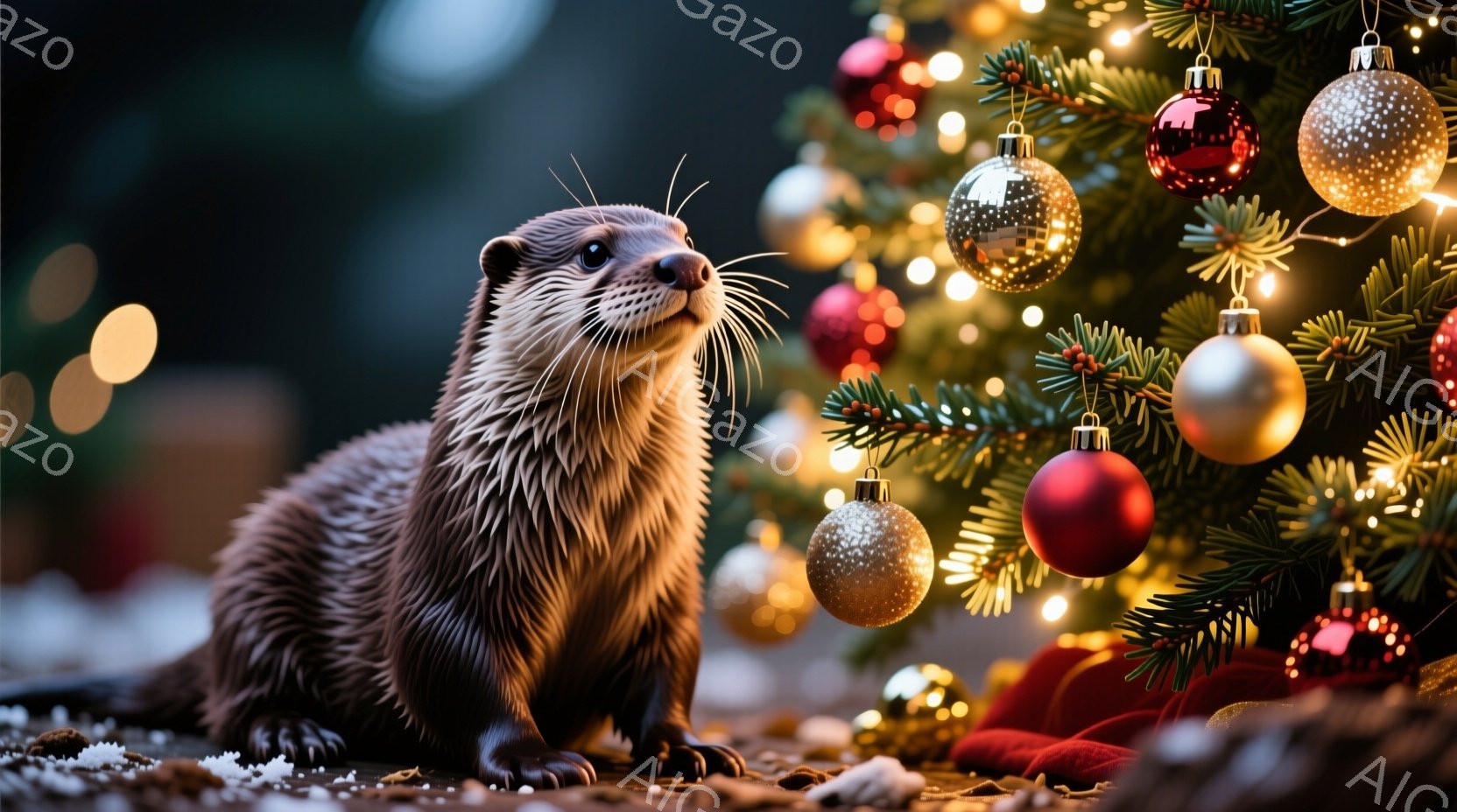 鮮やかなクリスマスツリーの前にカワウソが座っています。カワウソは体を少し傾け、何かを見つめるように上を見上げており、その表情は好奇心と少しの警戒心を漂わせています。背景は緑豊かなクリスマスツリーと、ぼ - AI生成フリー素材