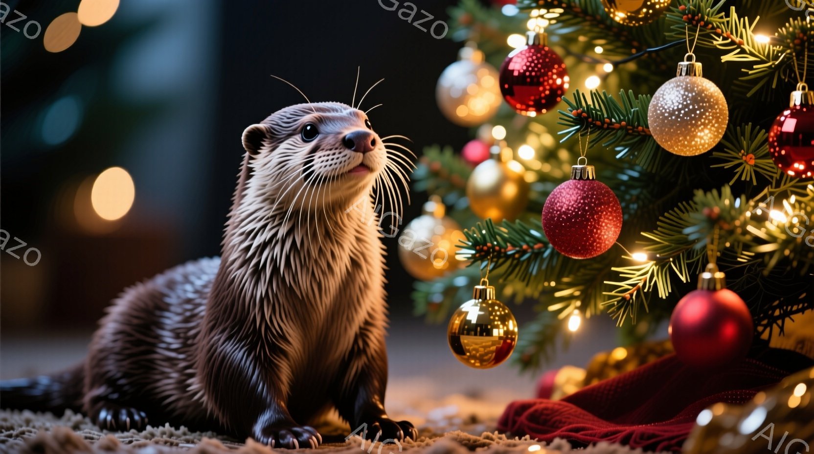 茶色いカワウソが、クリスマスツリーの前に座って、上を見上げています。ツリーは赤い、金色の、銀色のオーナメントで飾られ、暖かい光で照らされています。背景は暗く、ぼやけており、クリスマスの温かく、お祝いの - AI生成フリー素材
