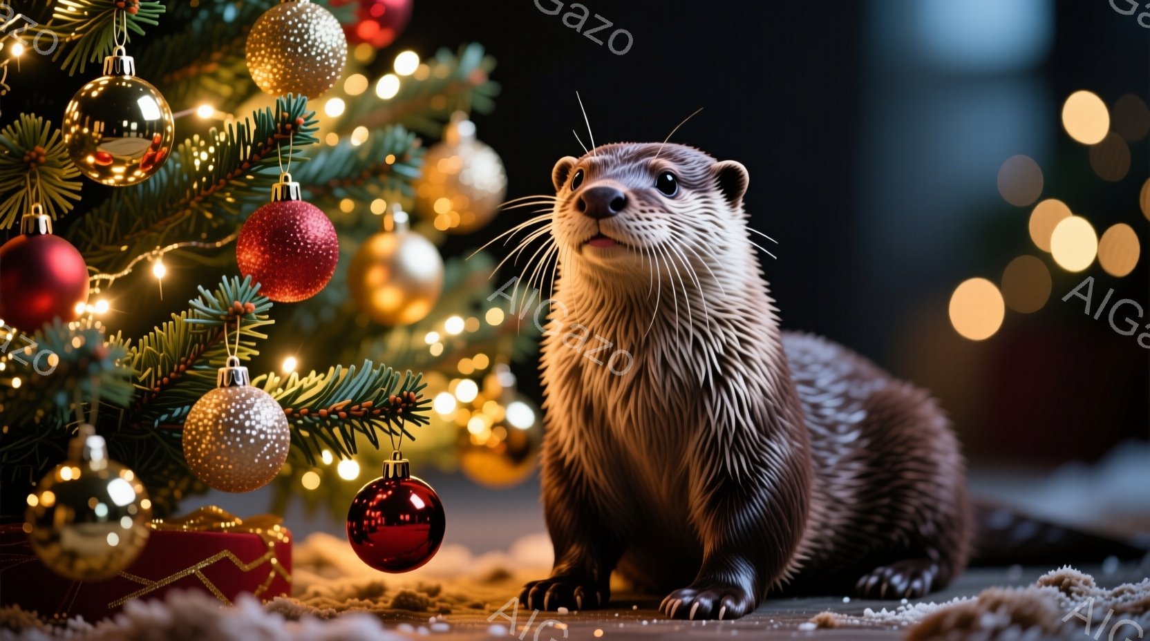 クリスマスツリーのそばにカワウソが座っており、キラキラと光るオーナメントに囲まれています。カワウソは前足を伸ばして座り、カメラに向かって少し微笑んでいるような表情をしています。背景はぼやけており、クリ - AI生成フリー素材