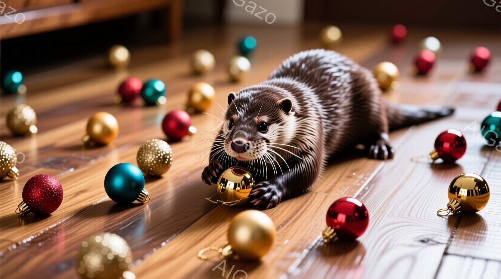 滑らかな木製の床の上に、様々な色のクリスマスオーナメントが散らばっています。カワウソが前足で金色のオーナメントを抱え込み、こちらを見つめています。背景は少しぼやけていますが、暖かく、お祝いの雰囲気が漂 - AI生成フリー素材