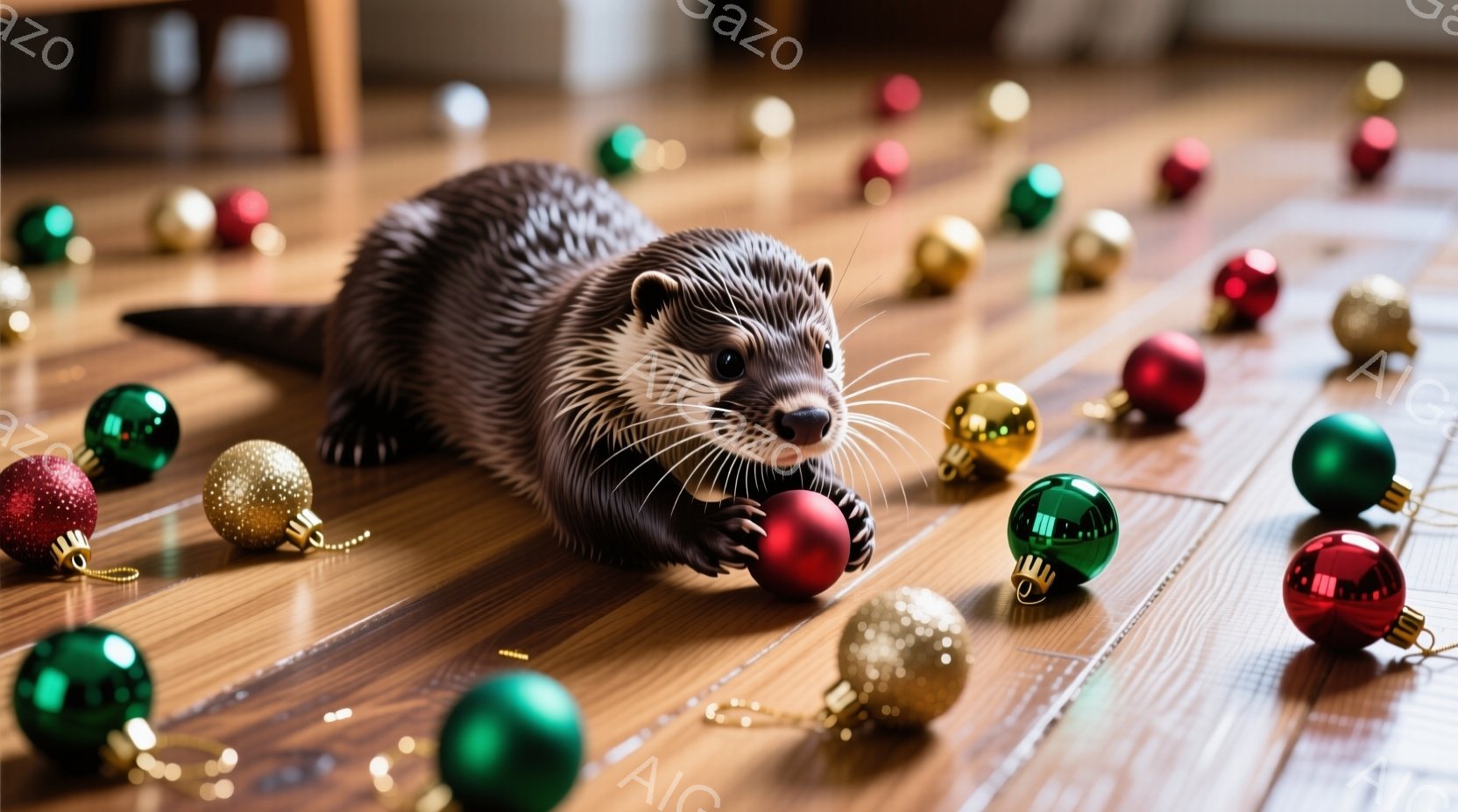 滑らかな木製の床の上に、様々な色のクリスマスオーナメントが散らばっています。その中央で、カワウソが赤いオーナメントを前足で抱え、こちらを見て微笑んでいるように見えます。全体的に、暖かく遊び心のある、楽 - AI生成フリー素材