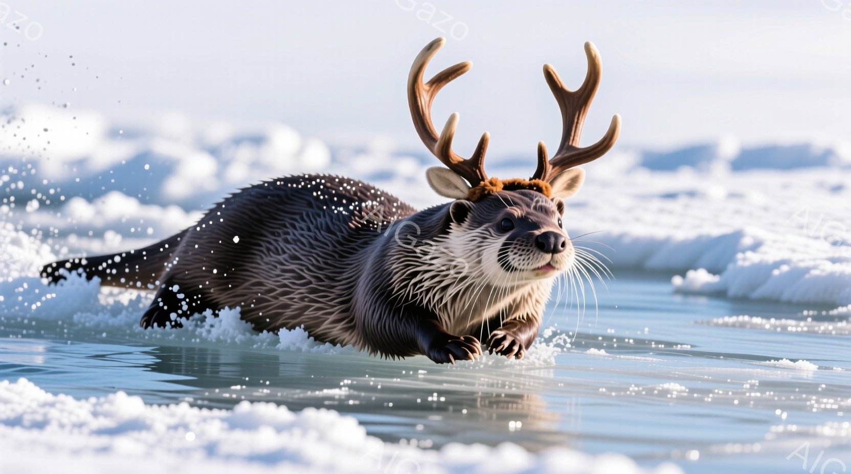 このカワウソは水面を高速で泳いでおり、頭には鹿の角のような装飾が付けられています。周囲は氷の破片が浮き、水しぶきが飛び交う冬の海を背景に、滑稽でありながら躍動感のある姿を捉えています。全体的にユーモラスで、少し奇妙な雰囲気が漂っています。