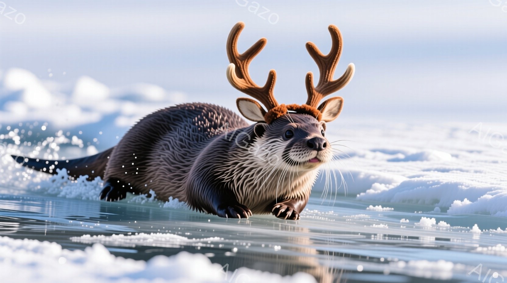 茶色いカワウソが氷の上の水面を横切って進んでいます。頭には角のついた飾りをつけており、少し驚いたような表情をしています。背景は雪と氷で覆われた冬の風景で、冷たく澄んだ空気を感じさせます。 - AI生成フリー素材