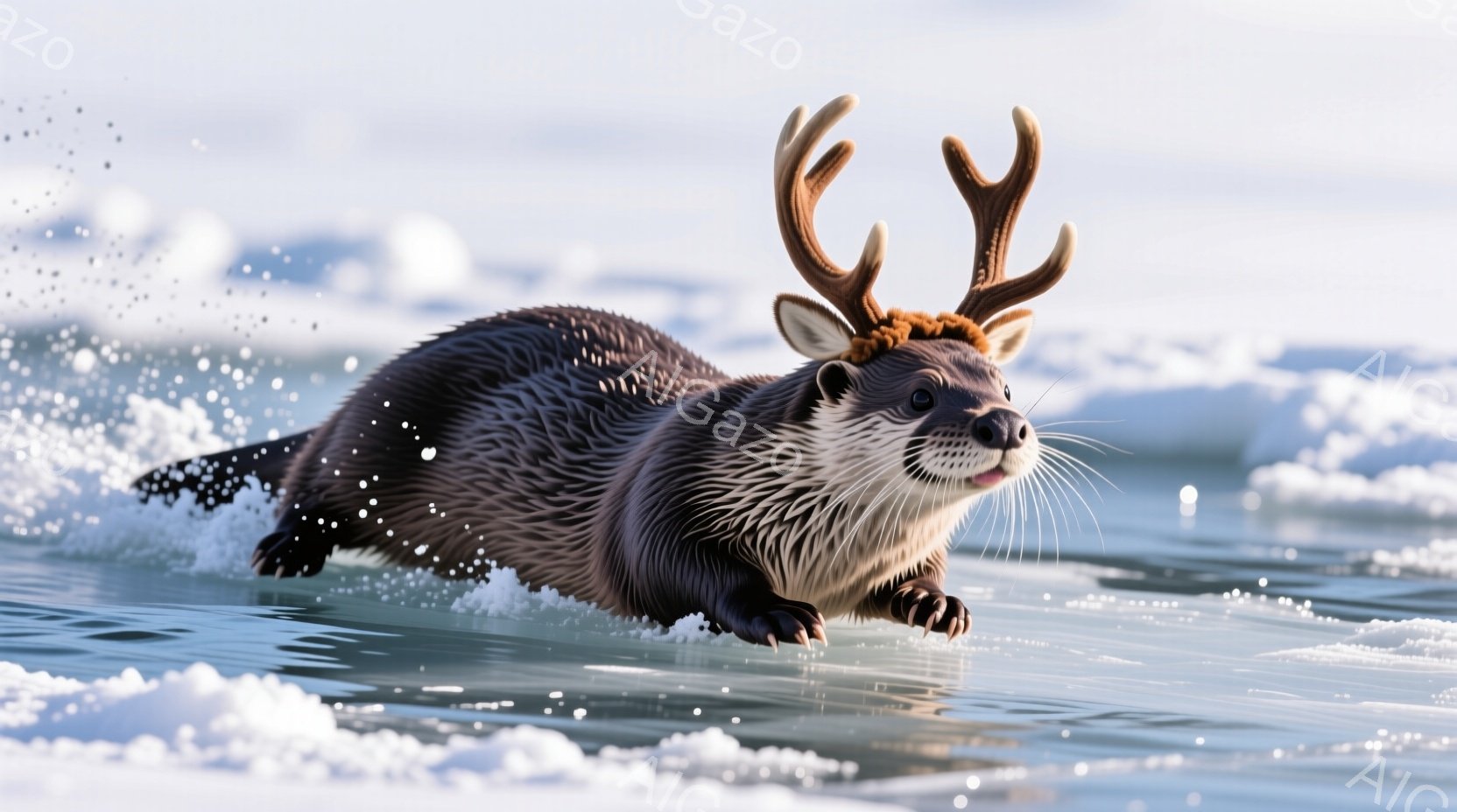 カワウソが水面を勢いよく泳いでいる様子が捉えられています。頭には角のような飾りを付けており、少しユーモラスな印象を与えます。背景には氷が浮かび、水しぶきが飛び交っており、冬の冷たい水の中で活発に動き回るカワウソの躍動感が伝わってきます。