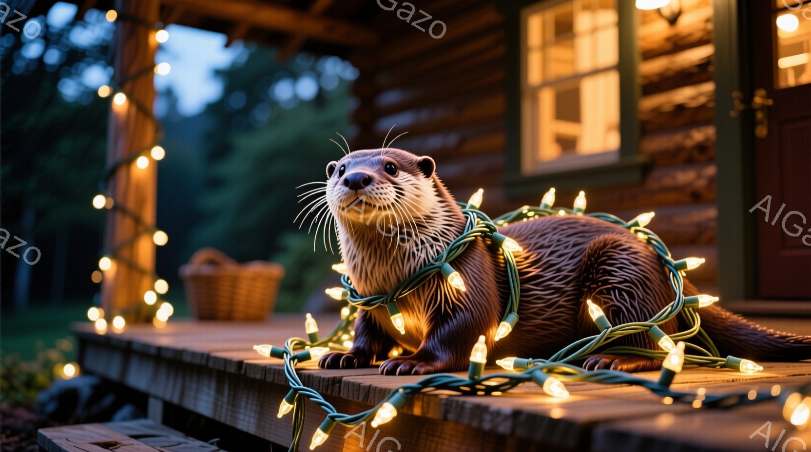 カワウソがクリスマスライトに身を包み、木のデッキの上でリラックスして座っています。背景には、窓から暖かな光が漏れる素朴な木造の家が見え、夜の自然が穏やかに広がっています。全体的に、温かく、お祝いムードにあふれた、愛らしい光景です。