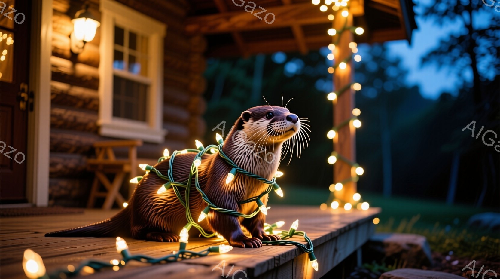 木のデッキに巻き付けられたイルミネーションライトに包まれたカワウソが写っています。カワウソは横向きで、リラックスした表情で、まるでライトを身につけているかのようです。背景には、ライトアップされた家の外 - AI生成フリー素材