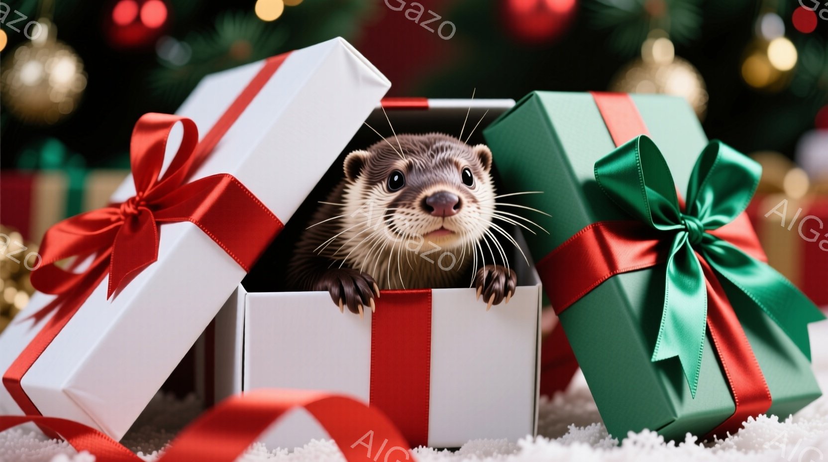 白と赤、緑のギフトボックスの中にカワウソが顔を出し、好奇心旺盛な表情でこちらを見ている。ボックスはリボンで飾られ、白い雪の上に置かれているように見える。背景にはぼやけたクリスマスツリーの飾りが見え、暖 - AI生成フリー素材