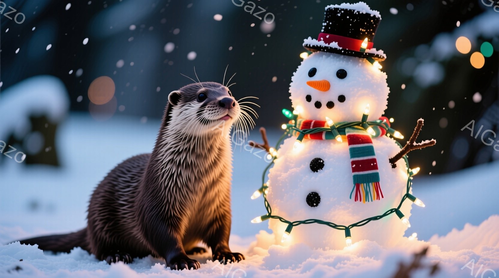 白い雪景色の中に、かわいらしいカワウソが雪だるまと並んで座っています。カワウソは真っ黒な毛並みで、好奇心旺盛な表情でカメラを見ています。雪だるまは、緑と赤のストライプのスカーフを巻いており、クリスマス - AI生成フリー素材