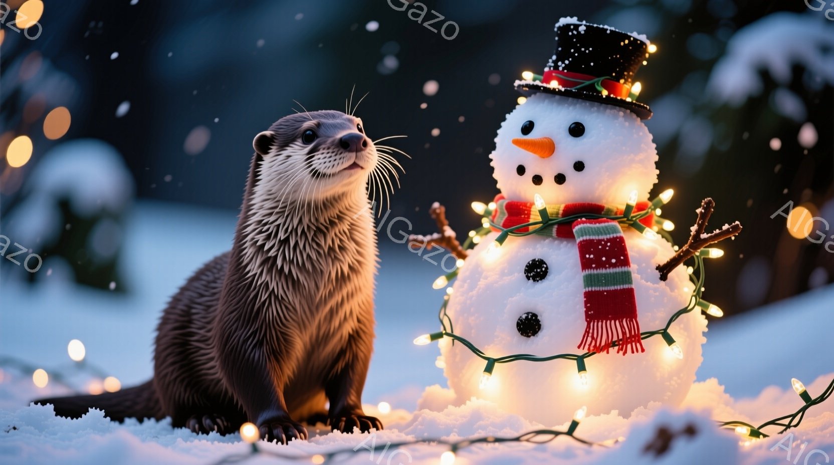雪の上にカワウソと雪だるまが並んでいます。カワウソは前足を伸ばして座っており、雪だるまはにんじんの鼻と石の目、そして赤いストライプの入ったマフラーを巻いています。背景にはぼやけた木々があり、キラキラと - AI生成フリー素材