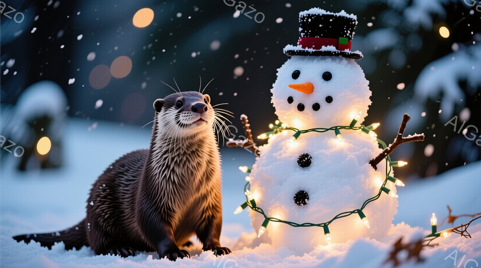 白い雪景色の中に、かわいらしいカワウソが立っています。カワウソは前足を伸ばして座り、少し上目遣いでカメラを見ています。背後には、オレンジ色の鼻と炭でできた目を持つ雪だるまが飾られており、カラフルなイル - AI生成フリー素材