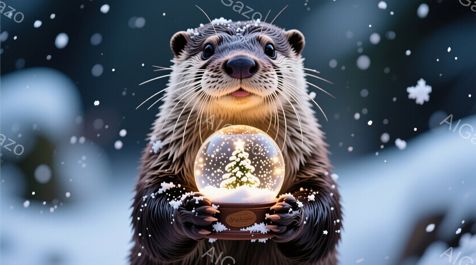 暖かくふわふわの毛皮を持つカワウソが、光るクリスマスツリーが入ったスノーグローブを両手で大切そうに抱えています。背景は雪が降り積もり、ぼやけた白い風景が広がり、冬の穏やかで幻想的な雰囲気を醸し出してい - AI生成フリー素材