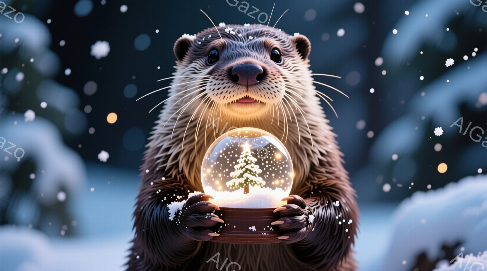 カワウソが雪の降る風景の中で、両手で雪の結晶と小さなクリスマスツリーが入ったガラスの球体を大切そうに抱えています。毛並みは細かく表現され、暖かく優しい表情をしており、周囲の雪景色と相まって、静かで平和 - AI生成フリー素材
