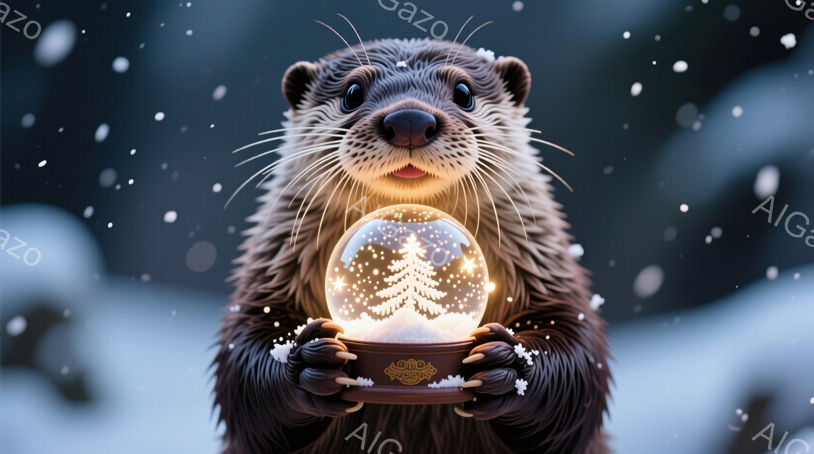暗い背景にカワウソが雪のグローブを両手で抱えています。カワウソは毛並みが良く、雪景色を模したグローブは暖かく優しい光を放っています。雪が舞う冬の夜の、心温まる光景です。 - AI生成フリー素材